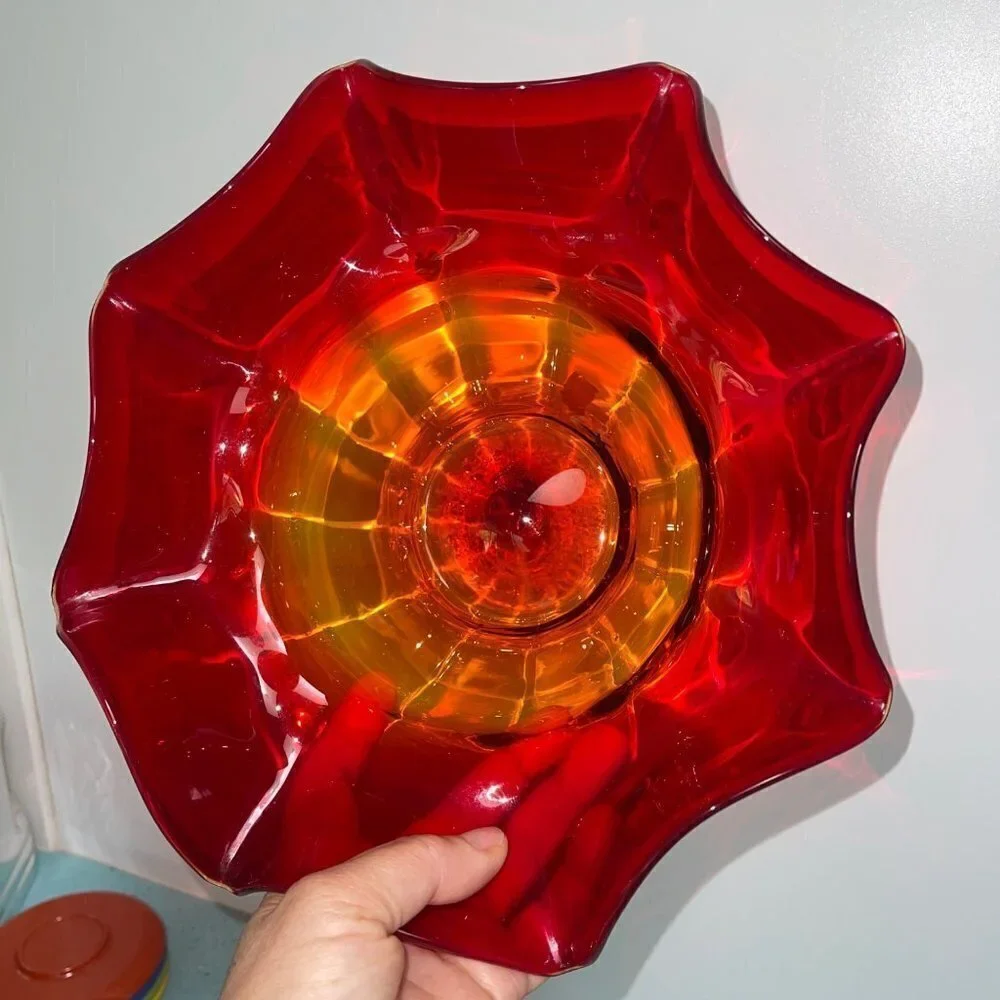 Blenko Vintage Amberina Ruffle Bowl Red Size Large Mid Century Modern MCM Orange